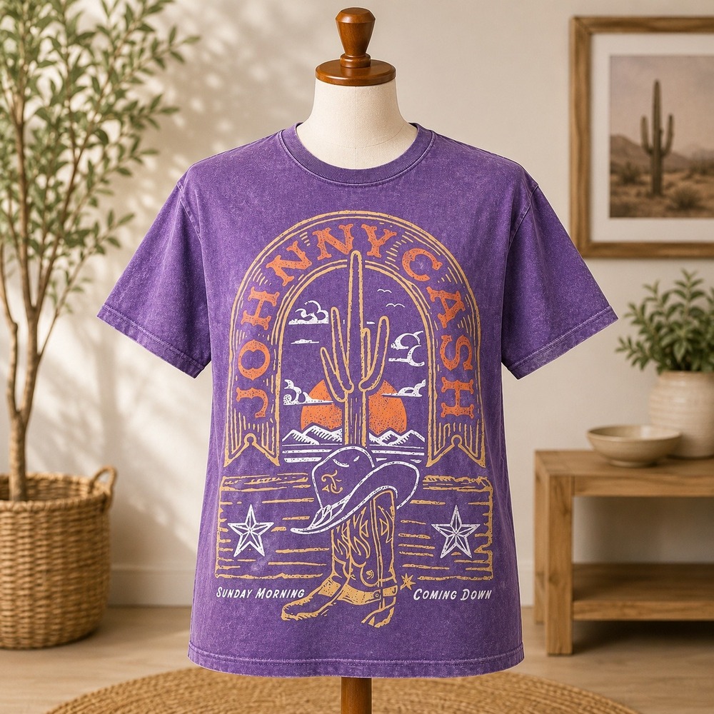 NWOT Johnny Cash T-Shirt Small Purple Sunday Morning Coming Down Graphic Tee